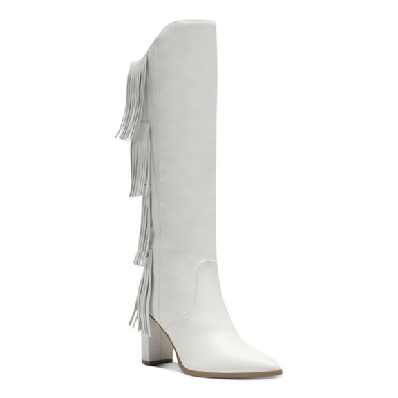 INC Womens White Fringed Yomesa Pointed Toe Block Heel Leather Dress Boots 7 M