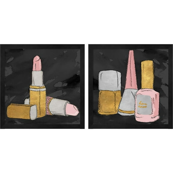 Great Art Now Lipstick Poppin' & Nail Polish Dream by Elizabeth Medley, 2 Piece Framed Art Set Each 13"W x 13"H