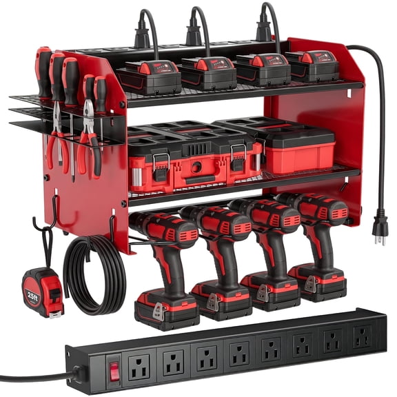 CATGOOD Wall Mount Power Tool Organizer, 8‑Outlet Charging Station, Max 200lbs Load 3‑Layer Power Tool Rack with 4 Cordless Drill Holders for Garage, Red