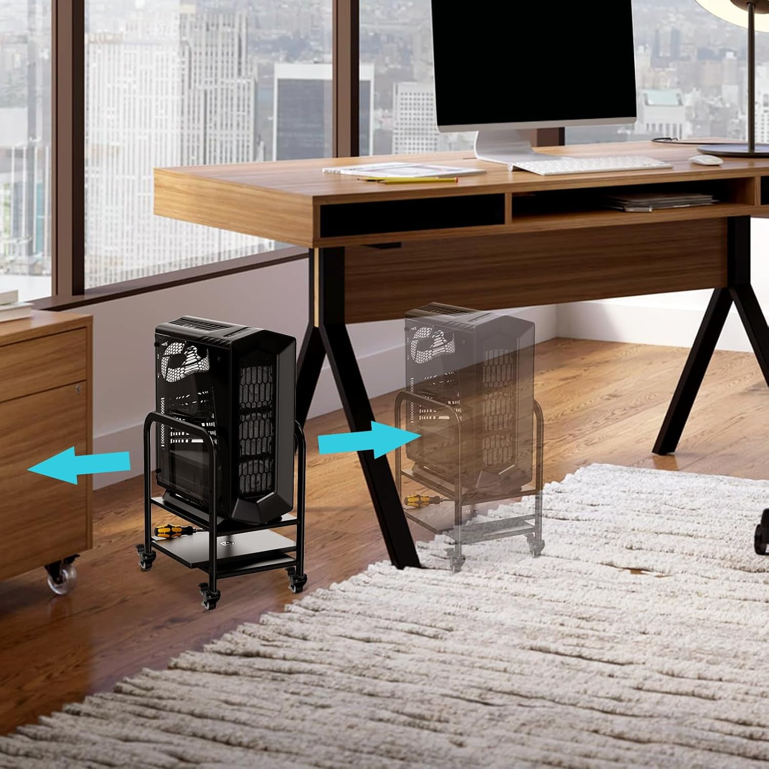 360Tronix Height Adjustable Computer Tower Stand, Metal Rolling Cart on Wheels for ATX Case Printer, Black Round Tube