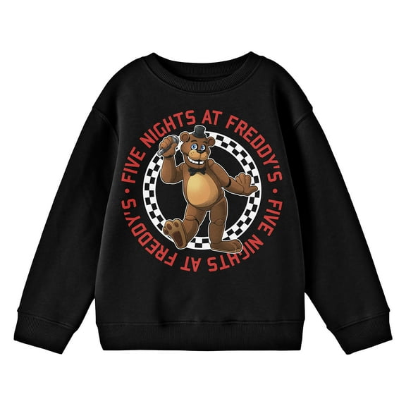Five Nights At Freddy's Freddy In Checkered Circle Crew Neck Long Sleeve Youth Black Sweatshirt-Medium