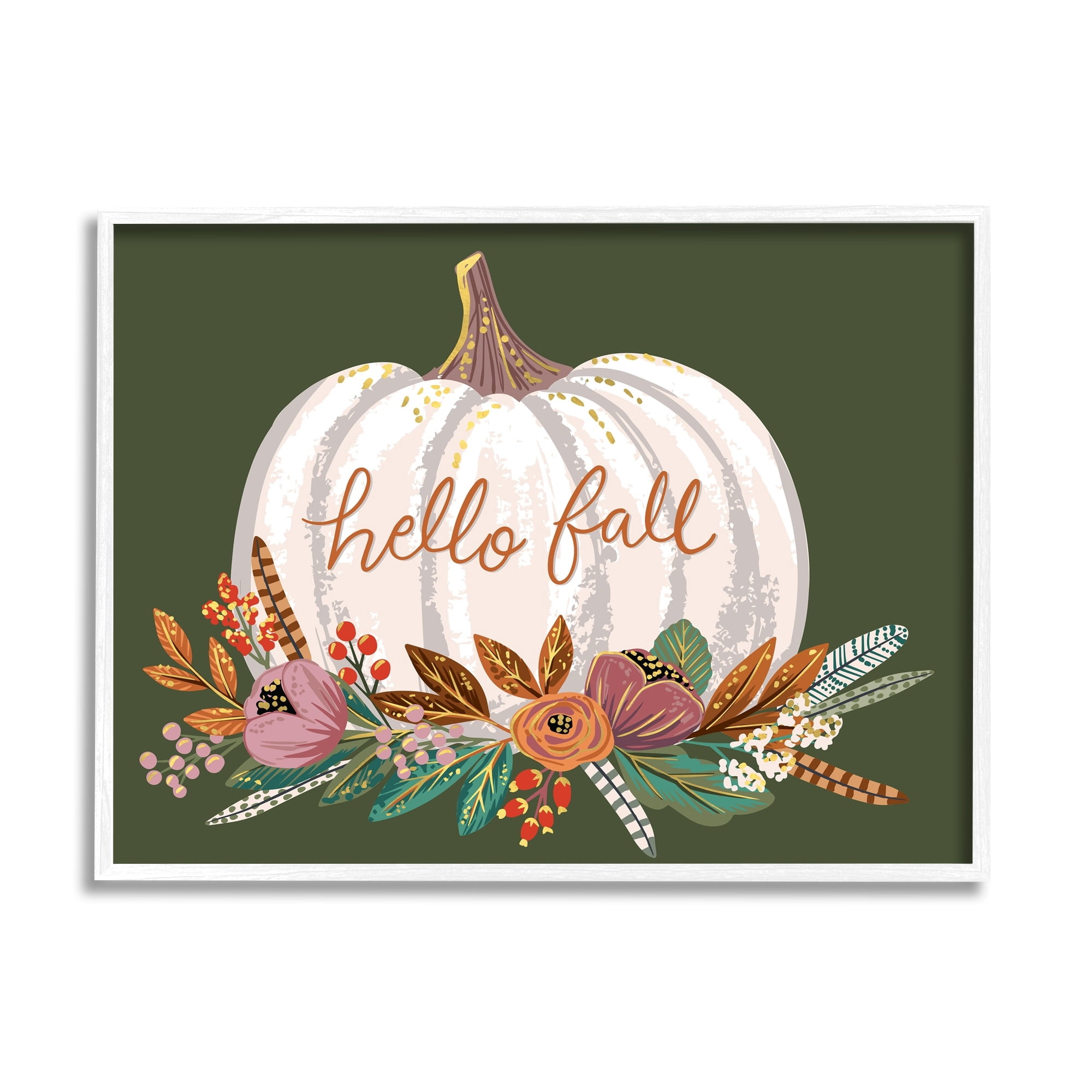 Autumnal Hello Fall Script Pumpkin Gourd Botanicals Botanical & Floral Graphic Art Framed Art Print Wall Art