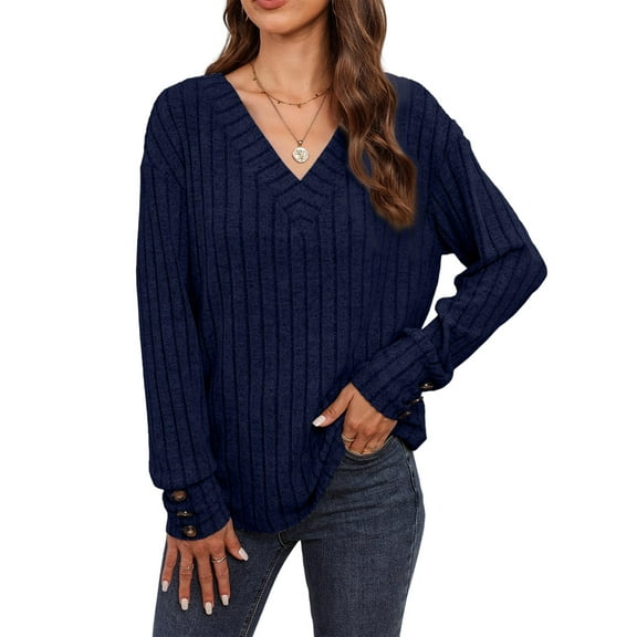 Womens Soft Long Sleeve V Neck Shirts Solid Casual Decorative Buttons Knitted Pullover Tunic Tops Navy Blue L