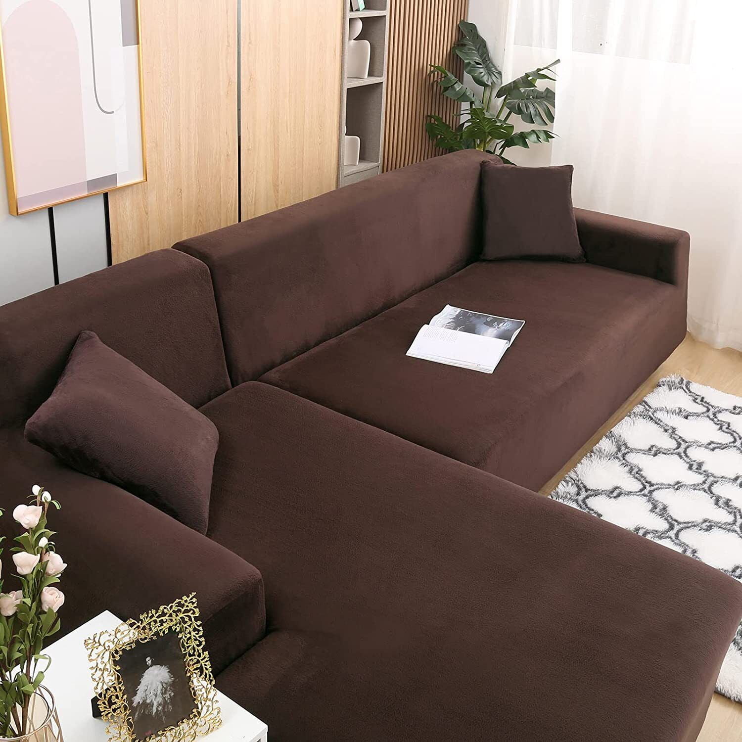 JIAN YA NA Sectional Sofa Slipcovers L Shape Couch Cover,2Pcs Thick Velvet Stretch Anti-Slip Couch Covers for 3 + 3 Seaters Chaise, Furniture Protector Slip Cover for Living Room Pets Kids (Brown)