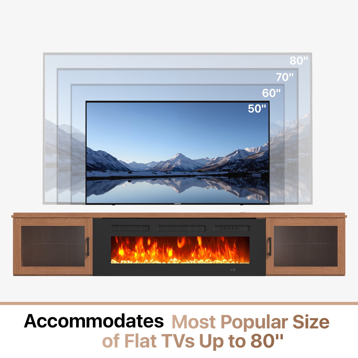 Sonegra Floating Fireplace TV Stand for TVs up 80", Wall Mounted Fireplace Entertainment Center, 70" Console Table with Electric Fireplace, Brown, WI-FI Enabled
