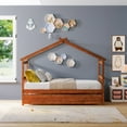 thumbnail image 3 of Harper & Bright Designs Twin Size Wooden House Bed with Trundle, Wood Montessori Daybed Frame with Roof, Walnut, 3 of 12