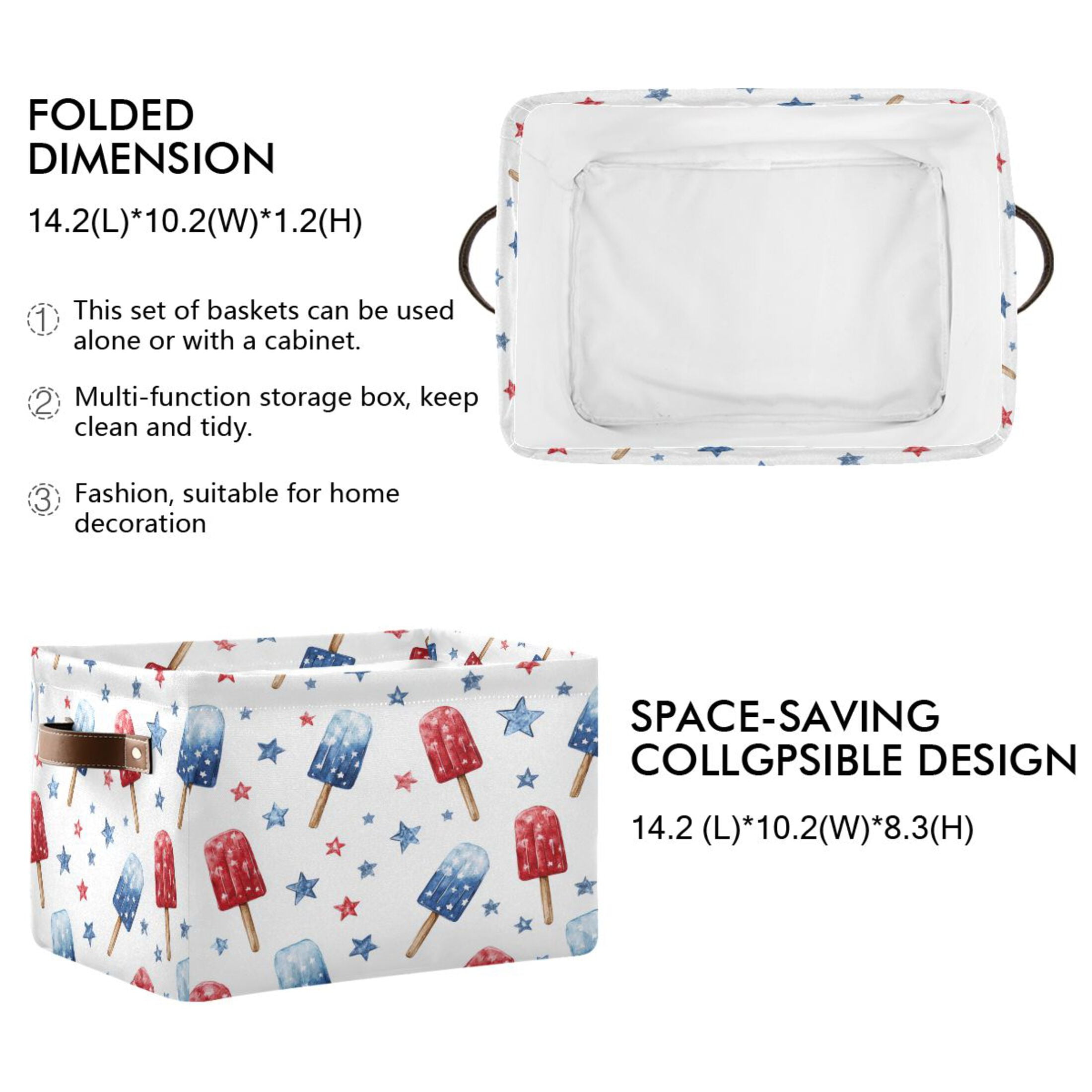 Foldable Storage Basket,Canvas Fabric Foldable Storage Bins with Handles Open Home Storage Bins Boxes for Toy Book Shelf Closet Baskets Red and Blue Popsicle