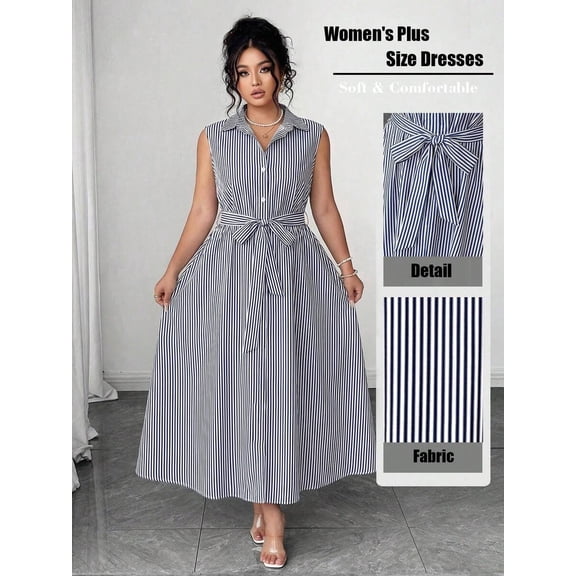 Plus-Size Women's Sleeveless Striped Midi Dress with Tie Waist and Pockets