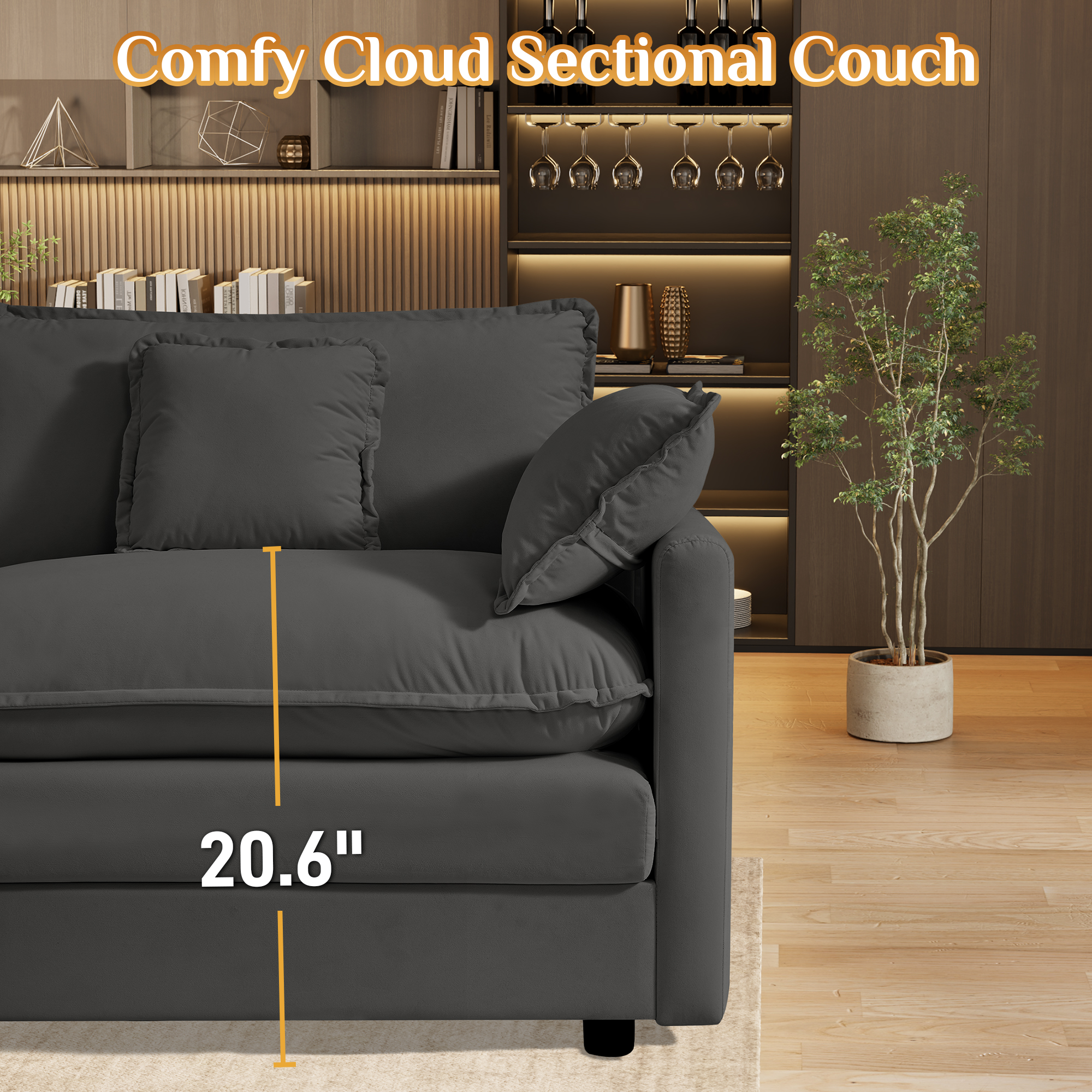 Wiilayok 162.6" U Shaped Sectional Sofa,Velvet Cloud Modular Sectional Sofa Couch Set with Double Chaise,Central Console,Cup Holder for Living Room,Gray