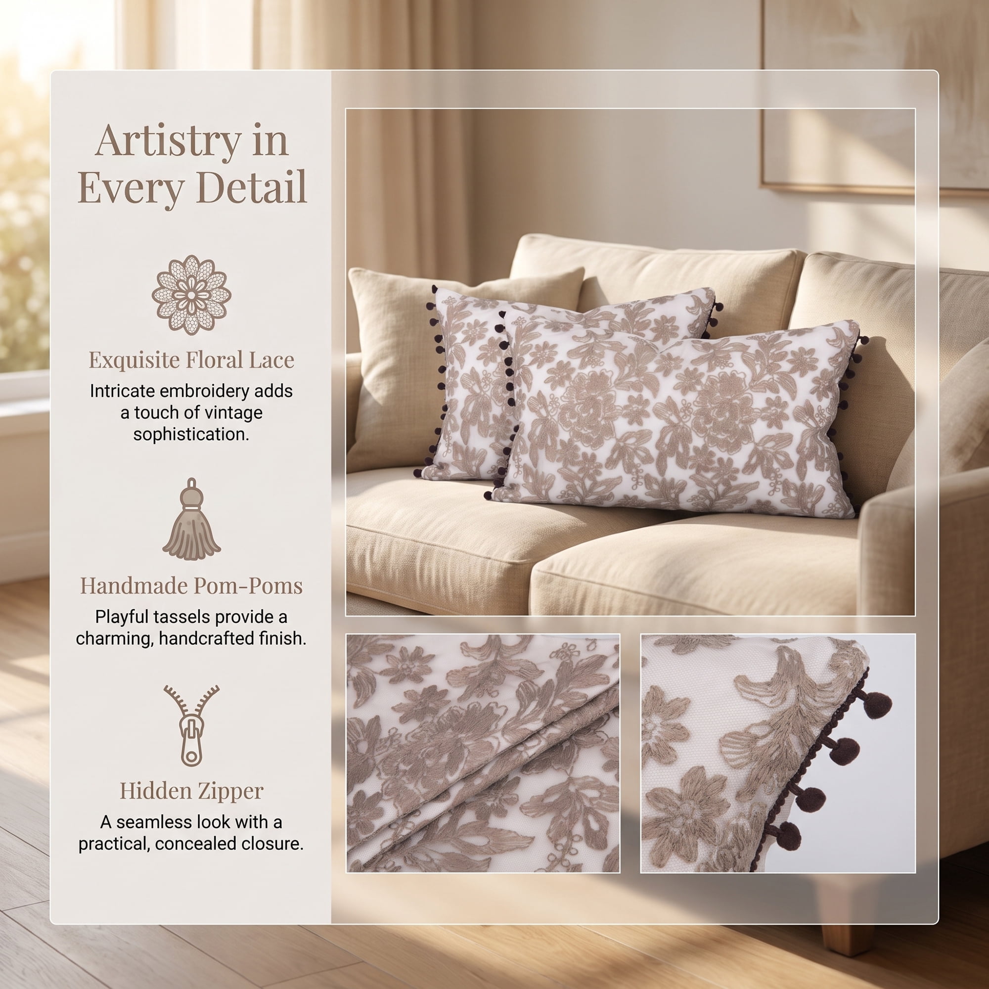 Unique Bargains Elegant Vintage Floral Throw Pom-Pom Pillow Covers Brown 20" x 12"