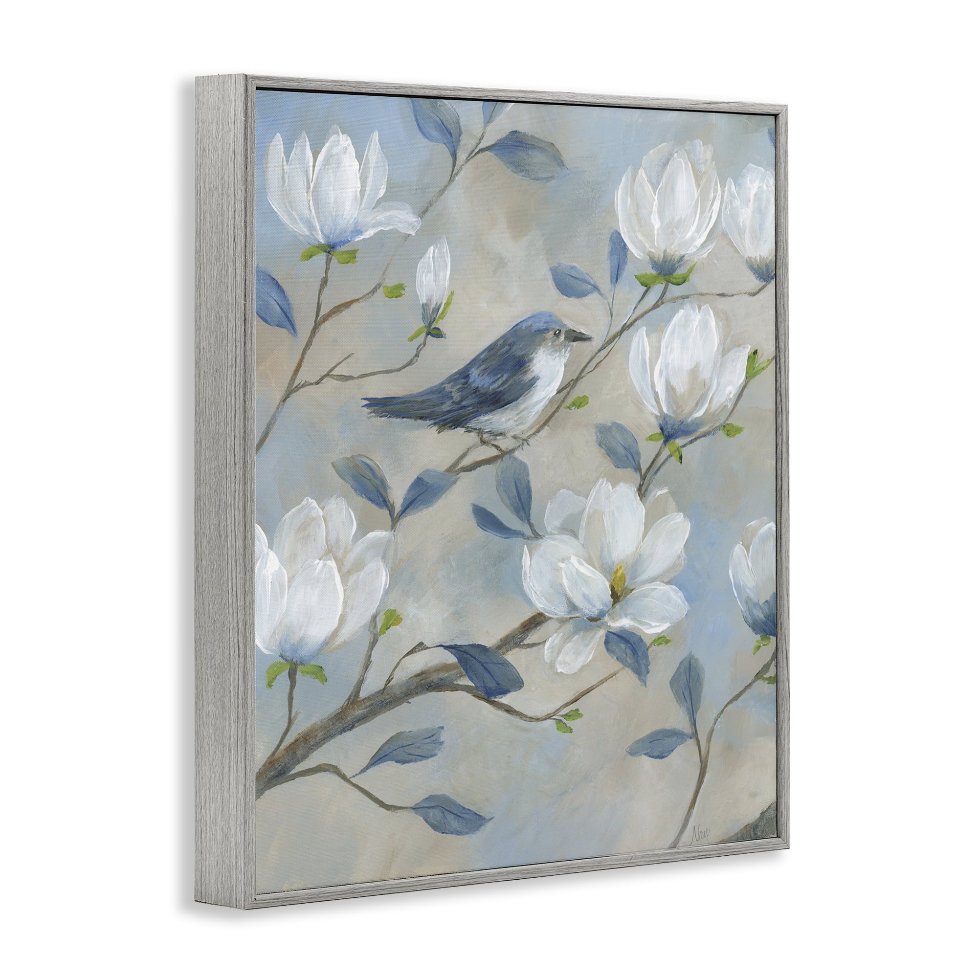 Stupell Industries Blue Bird & Magnolia Gray Framed Giclee Art, design by Nan