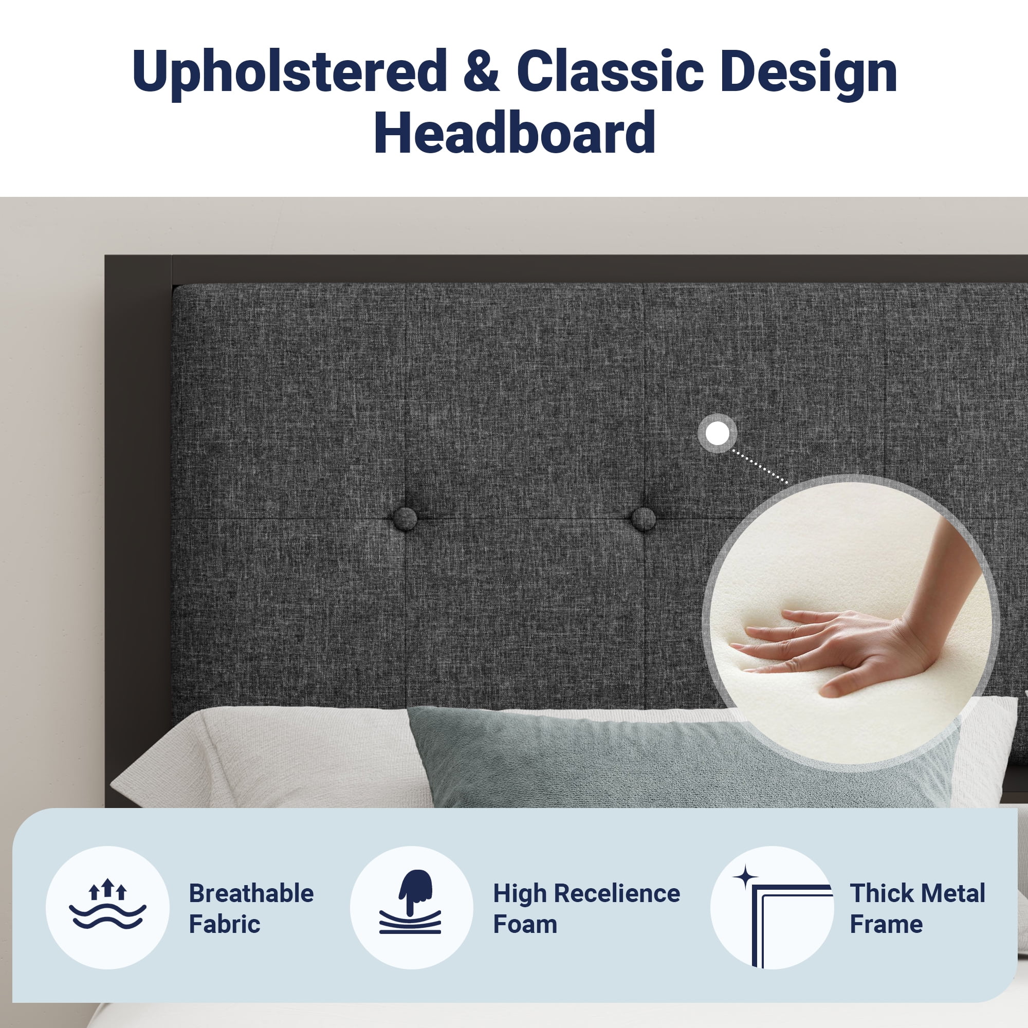 Allewie Twin Size Metal Platform Bed Frame with Linen Fabric Button Tufted Headboard, Under-Bed Storage, Grey