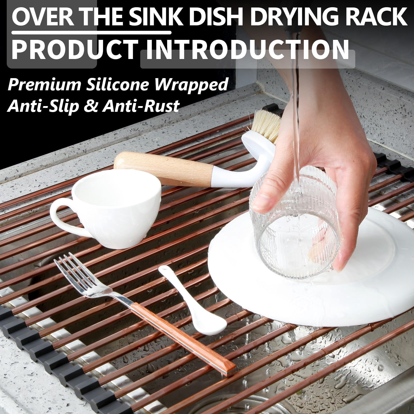 15.74"*17" Large Roll Up Dish Drying Rack Over The Sink  Stainless Steel Multipurpose Foldable With Anti-slip Silicone For Kitchen Counter Drainer Rose