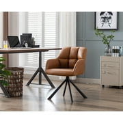 Guyou Modern Swivel Office Chair No Wheels, PU Leather Upholstered Desk Chair Armchair with Black Metal Legs for Living Room Bedroom Home Office, Brown