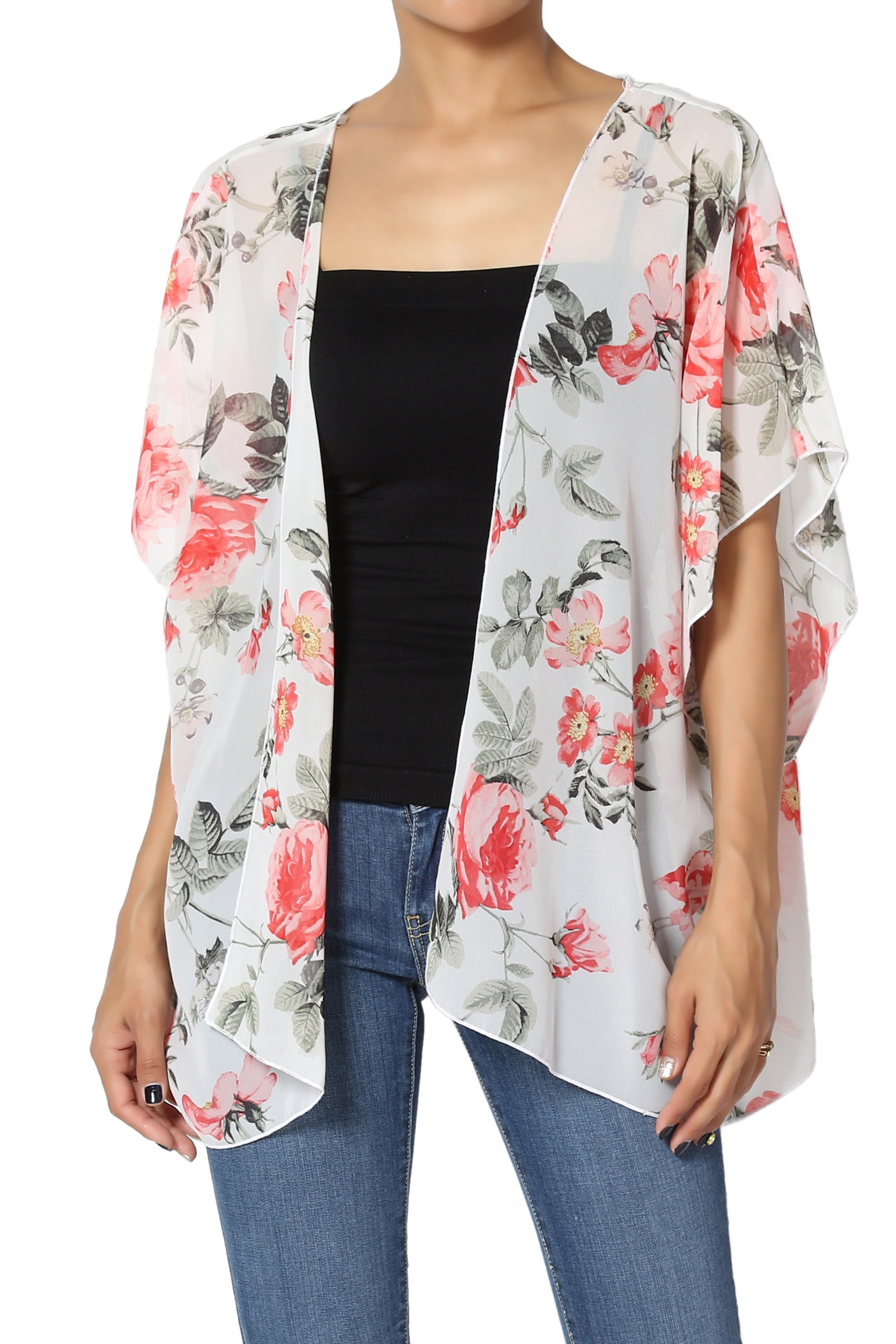 TheMogan - TheMogan Women's & Plus Floral Print Open Front Chiffon Cardigan Beach Cover Up 