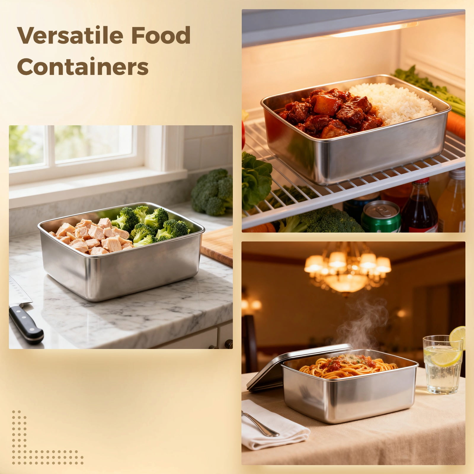 3 Pcs Stainless Steel Food Storage Containers, Square Bento Boxes with Airtight Lid, Snack Salad Boxes, Stackable & Nestable Meal Prep Containers for Freezer, 20.3 & 33.8, & 67.6 oz