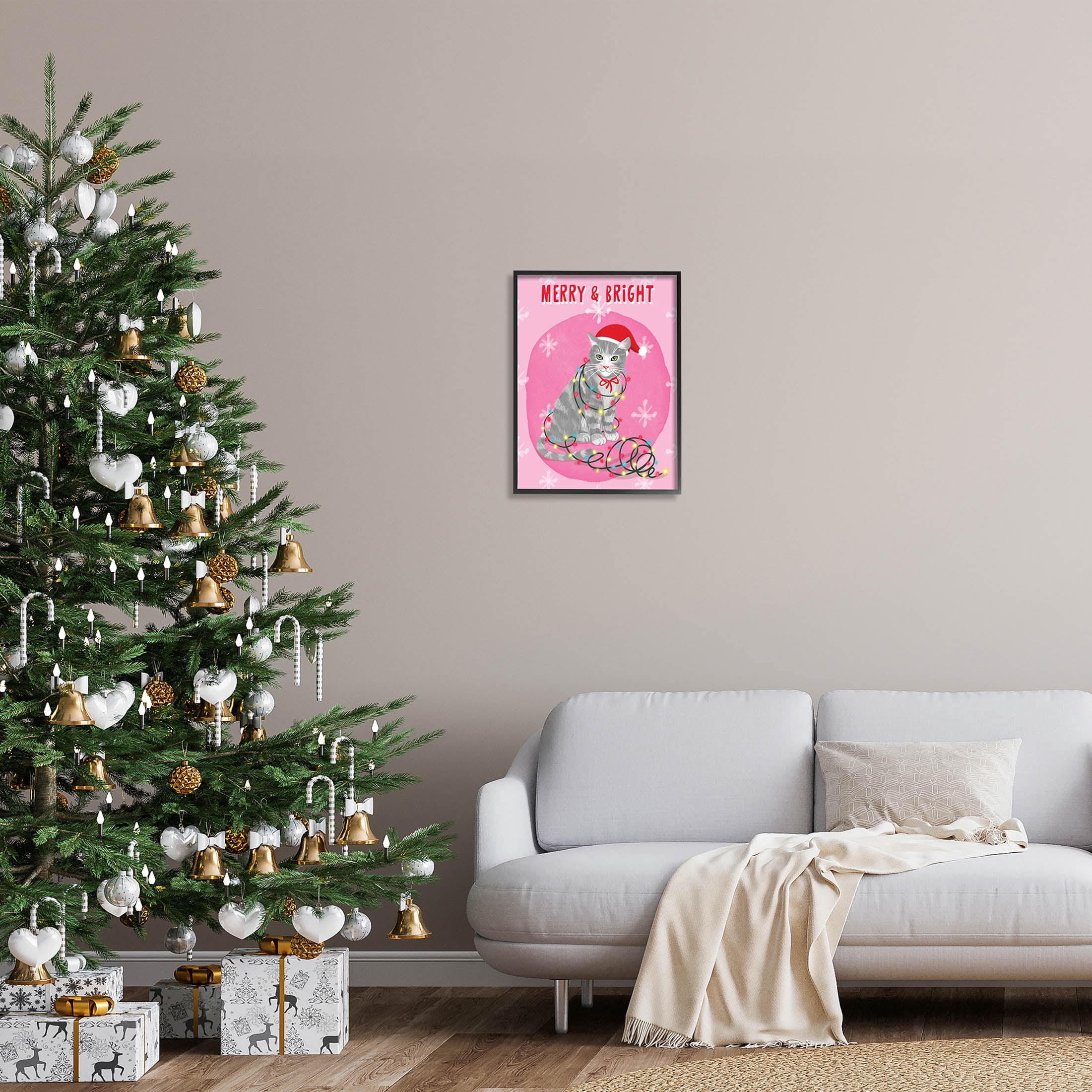 Stupell Industries Merry & Bright Christmas Cat Lights Graphic Art Black Framed Art Print Wall Art, Design by Be Ni La