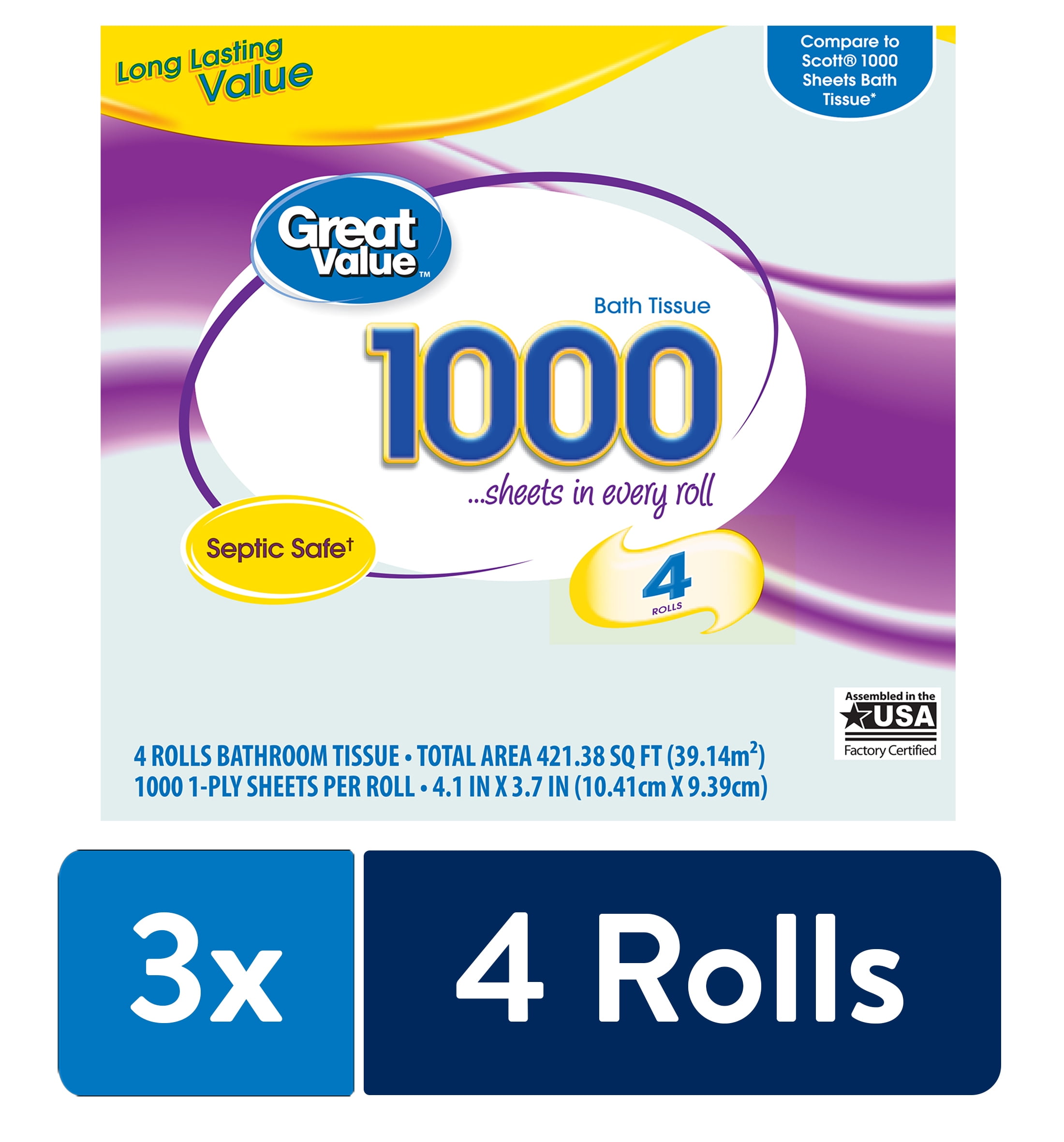 Great Value 1000 Sheets Bath Tissue, 4 or 12 Rolls, Packaging May Vary
