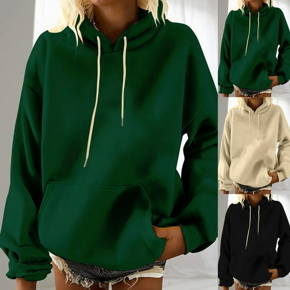 HAPIMO Sales Sweatshirt for Women Long Sleeve Solid Color Pocket Drawstring Sweatshirt Casual Hooded Pullover Tops Teen Girls Fashion Clothes Beige S