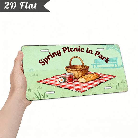 A rectangular aluminum "Spring Picnic in Park" decorative sign. For home Decorative Signs & Plaques. Size is 12 * 6 inches.