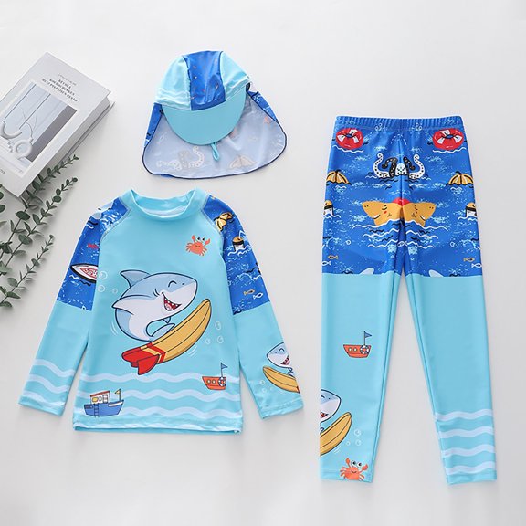 HOWPAY Swimsuits for Girls Quick Dry Tropical Print Long Sleeve Tankini High Waist Pants Swim Suit with Hat Summer Casual Sport 2 Piece Swimwear Blue