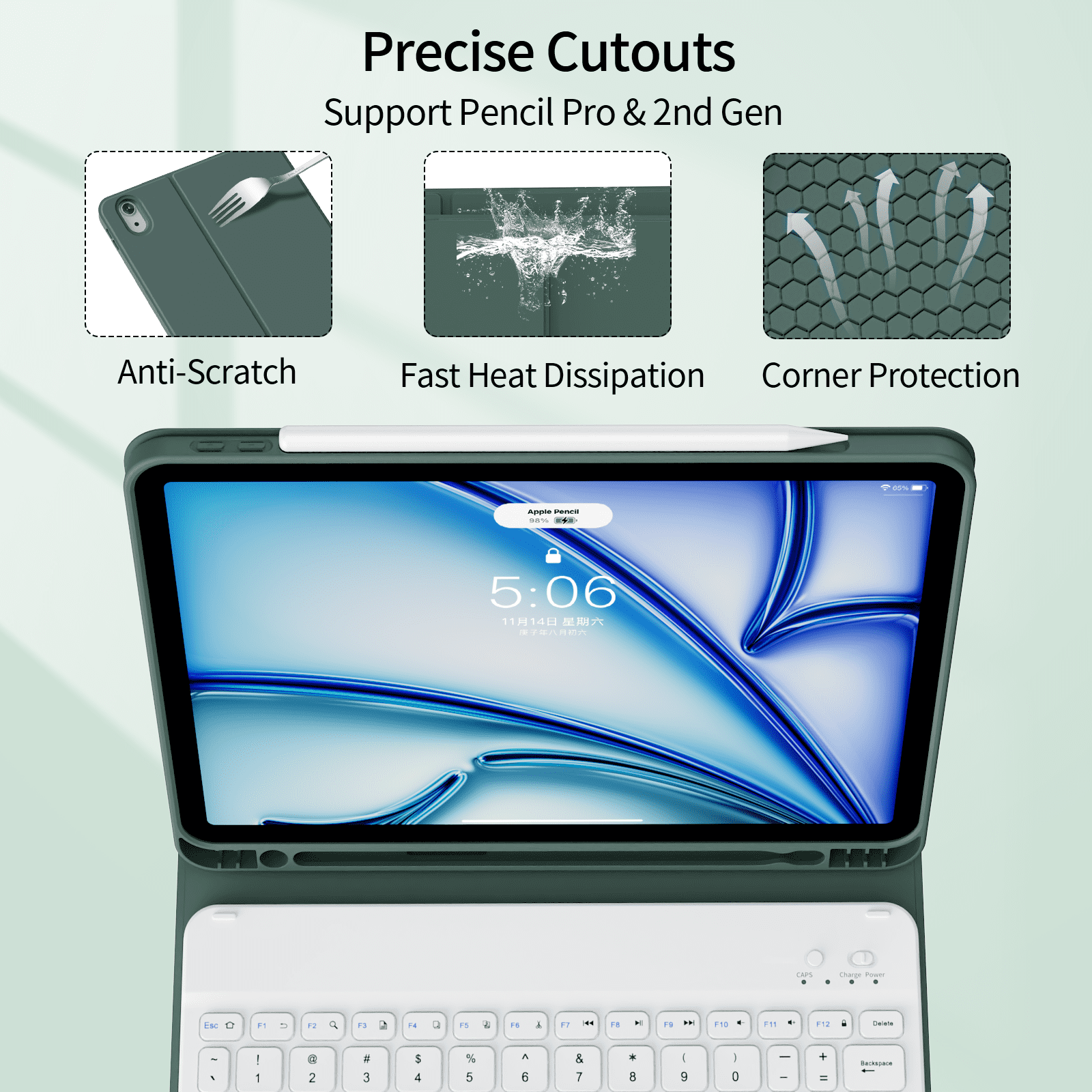 KVTVOU Keyboard Case for iPad Air 11 inch M2/M3 (2024/2025), iPad Air 5th/4th Generation (2022/2020) 10.9 inch, Detachable Wireless Bluetooth Keyboard, Stand Folio Cover with Pencil Holder, Green