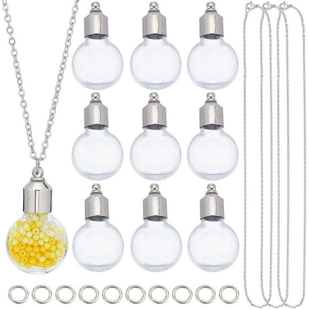 Kit para hacer collares con viales de vidrio, 1 caja (10 unidades), colgante, tapas de rosca, frascos de deseos, reloj de arena, recuerdo conmemorativo, contenedor para cenizas de cremación.