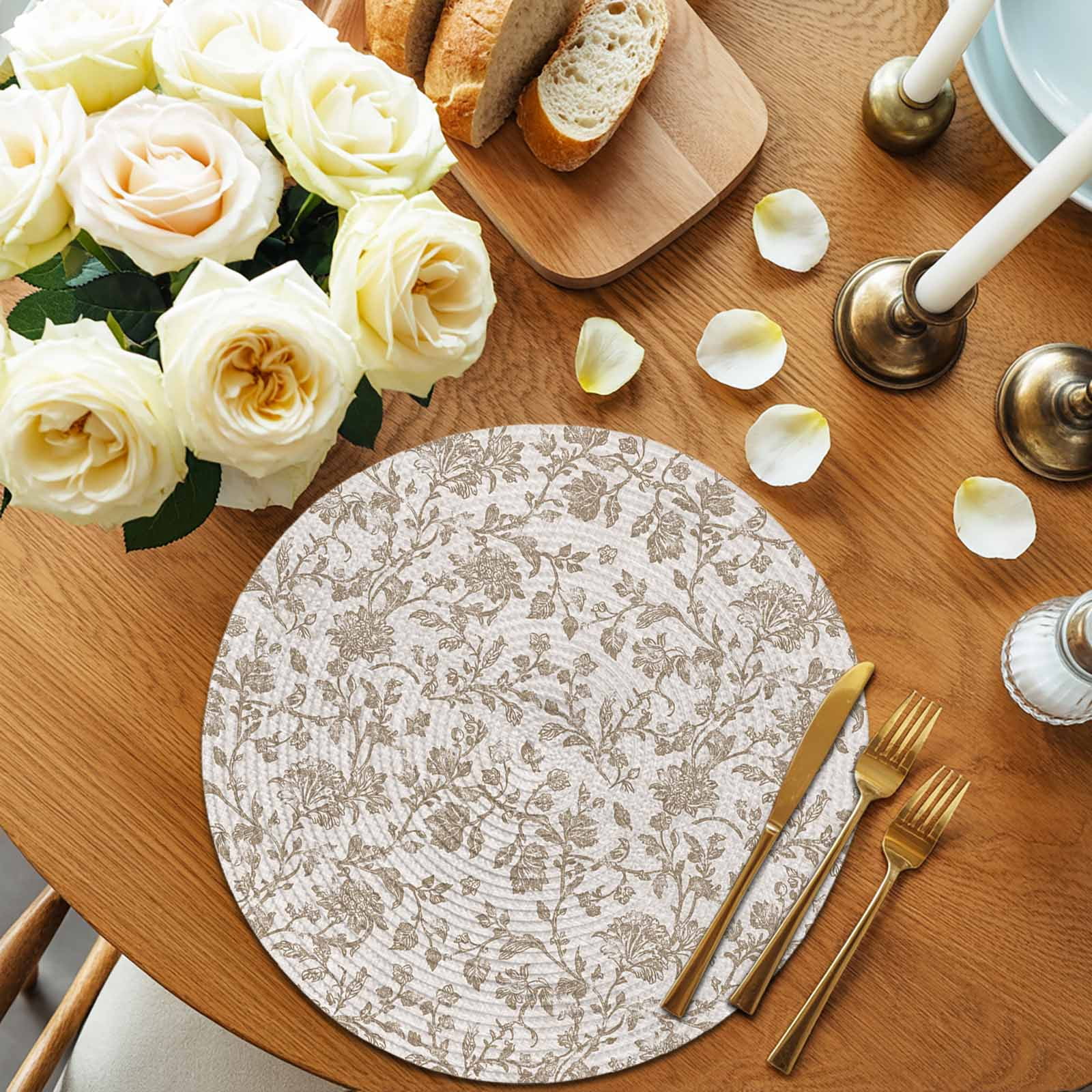 Farmhouse Khaki Round 15 Inch Placemats Set of 4, Vintage Flower Leaf Botanical Plant HeatResistant Non Slip Place Mats for Dining Table, Wipeable Braided Kitchen Table Mats for Housewarming