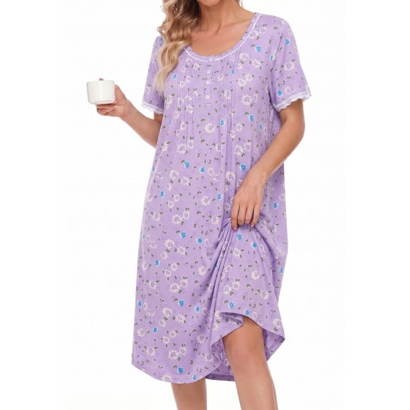 KISSGAL Nightgowns for Women Button Front Henley Neck House Dress Short Sleeve Soft Pajamas Dress Sleepwear