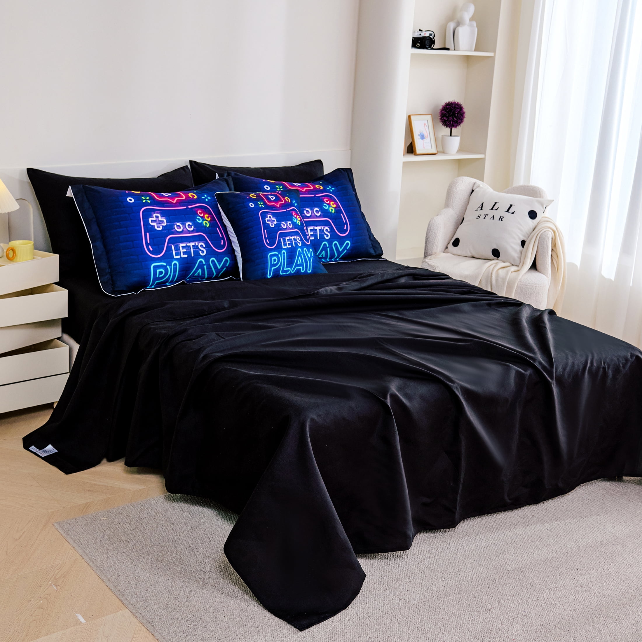 Koniroom 6 Pieces Neon Gamer Comforter Set Twin Size for Boys, Kids Bedroom Decor Soft Gaming Bedding, Video Game Controller Design Bed Set, Black Purple
