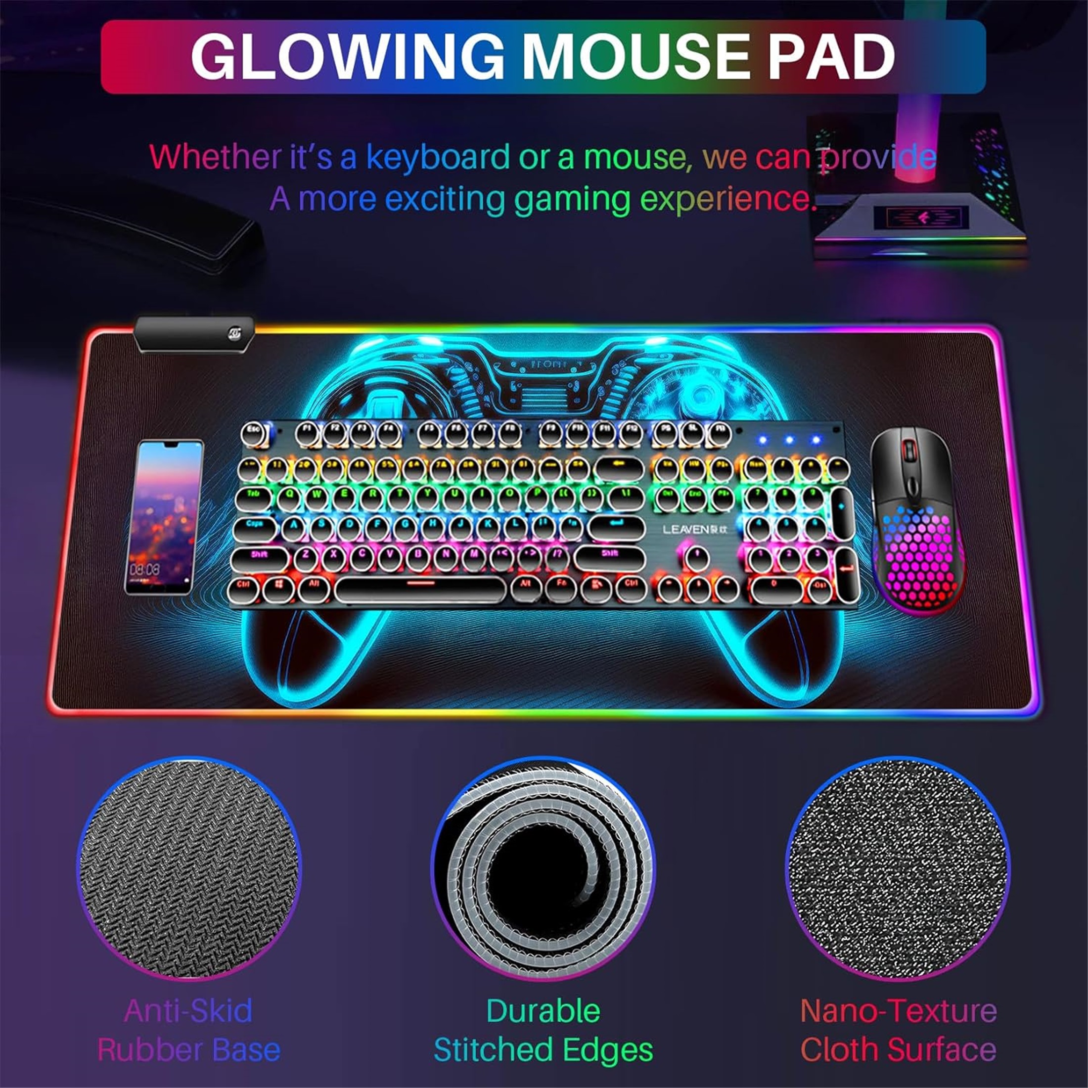 XL Led Gaming Mouse Pad with 14 Light Modes - Light Up Gamer Mouse Pad,31.5 x 11.8in Non-Slip Gamepad Style RGB Large Gamer Mousepad,Black Long Glowing Gaming Accessories for Desk,Waterproof