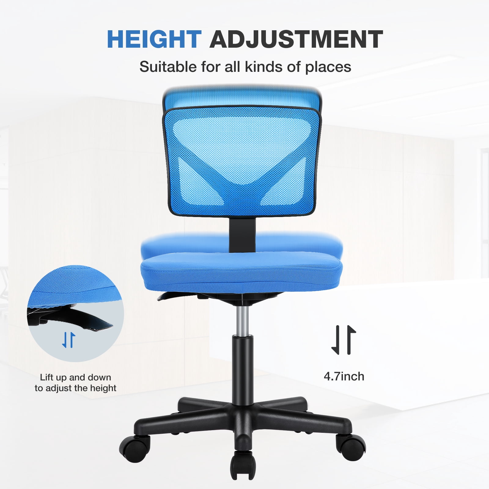 JOINSUN Armless Home Office Desk Chair for Small Space, Adjustable Height, Swivel Rolling Mesh Computer Chair, Blue