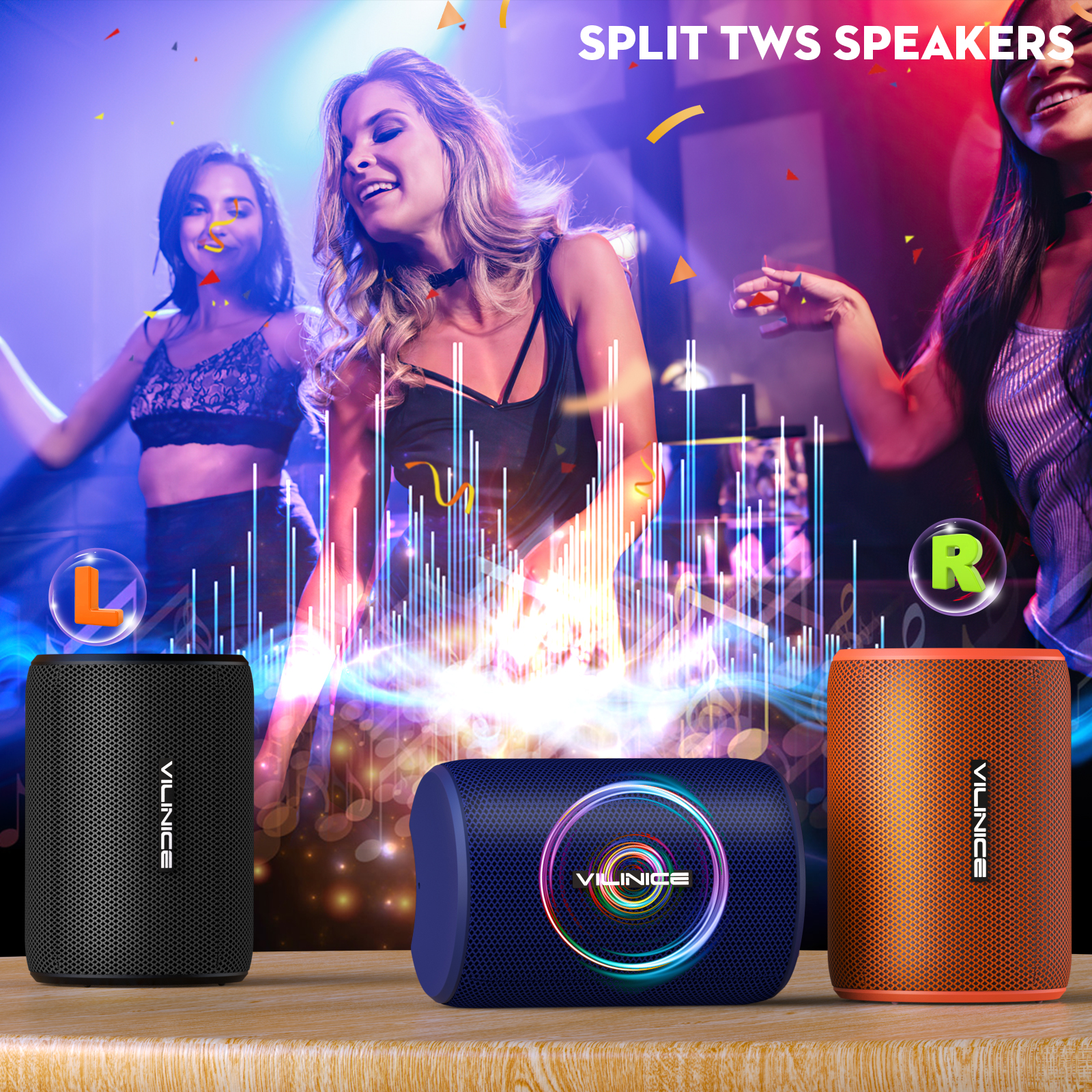 VILINICE Bluetooth Speakers Portable Wireless, IPX7 Waterproof Outdoor Speaker with Subwoofer, TWS Dual Pairing Speakers Small Bluetooth Speaker for Gift, Shower, Party, Home, Travel - image 4 of 8