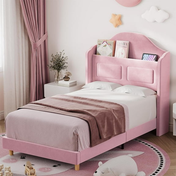 Pink Upholstered Twin Bed Frame with Lights, Stylish Velvet Platform Bed, Wingback Storage Headboard, Wooden Slats Support, No Box Spring Needed