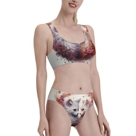 Uemuo White Red Cat Couple Printed Women s High Waisted Bikini Sets Sporty Two Piece Swimsuits Color Block Cheeky High Cut Bathing Suits-Medium