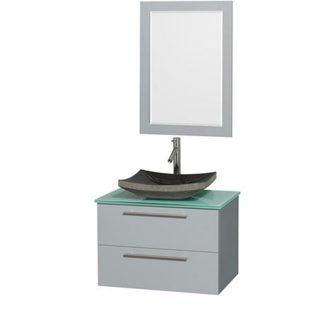Wyndham Collection Amare 30 inch Single Bathroom Vanity in Dove Gray, Green Glass Countertop, Pyra Bone Porcelain Sink, and 24 inch Mirror