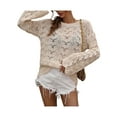 thumbnail image 3 of Txlixc Mujeres Trendy Hollow-Out Tops, Crochet Color sólido Cuello redondo Manga larga Punto Tops con puños acampanados para damas Txlixc  Moda, 3 of 9