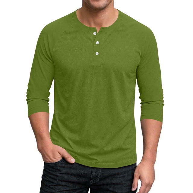 HAiming Men's 3/4 Sleeve Shirt Pullover Button Stretch T-Shirt Casual Sport Athletic Solid Color Basic Tee Tops