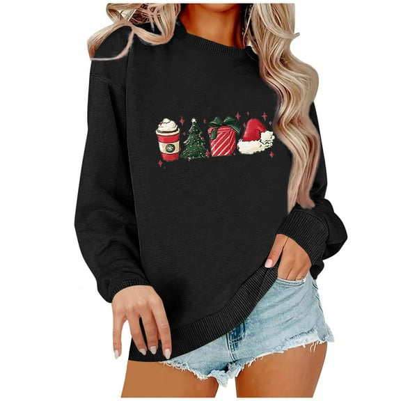 Christmas Sweatshirt Women Plus Size Novelty Graphic Pullover Sweater Tops Autumn Winter Long Sleeve Sweatshirt for Women Loose Casual Crewneck Top Stylish Clothes 01-Black XL