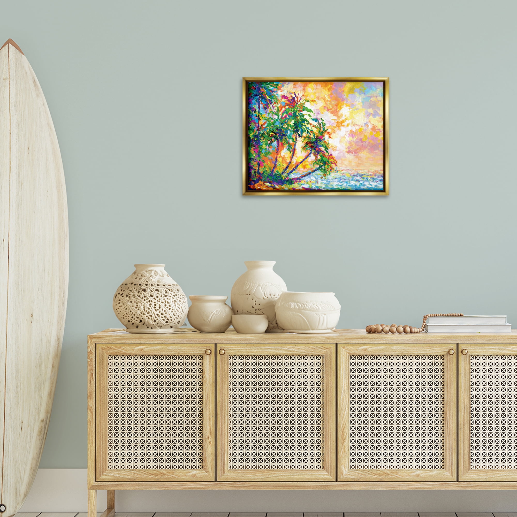 Stupell Industries Full Beach Palms Landscape Painting Gold Floater Framed Canvas Art Print Wall Art, 21 x 17