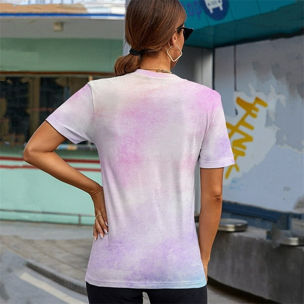Gibobby Camisetas de verano para mujer Mujeres Casual Tie Dye Gradient Printing Mangas Cuello redondo Camiseta suelta Blusa Tops Morado G Bodega Aurrera en linea