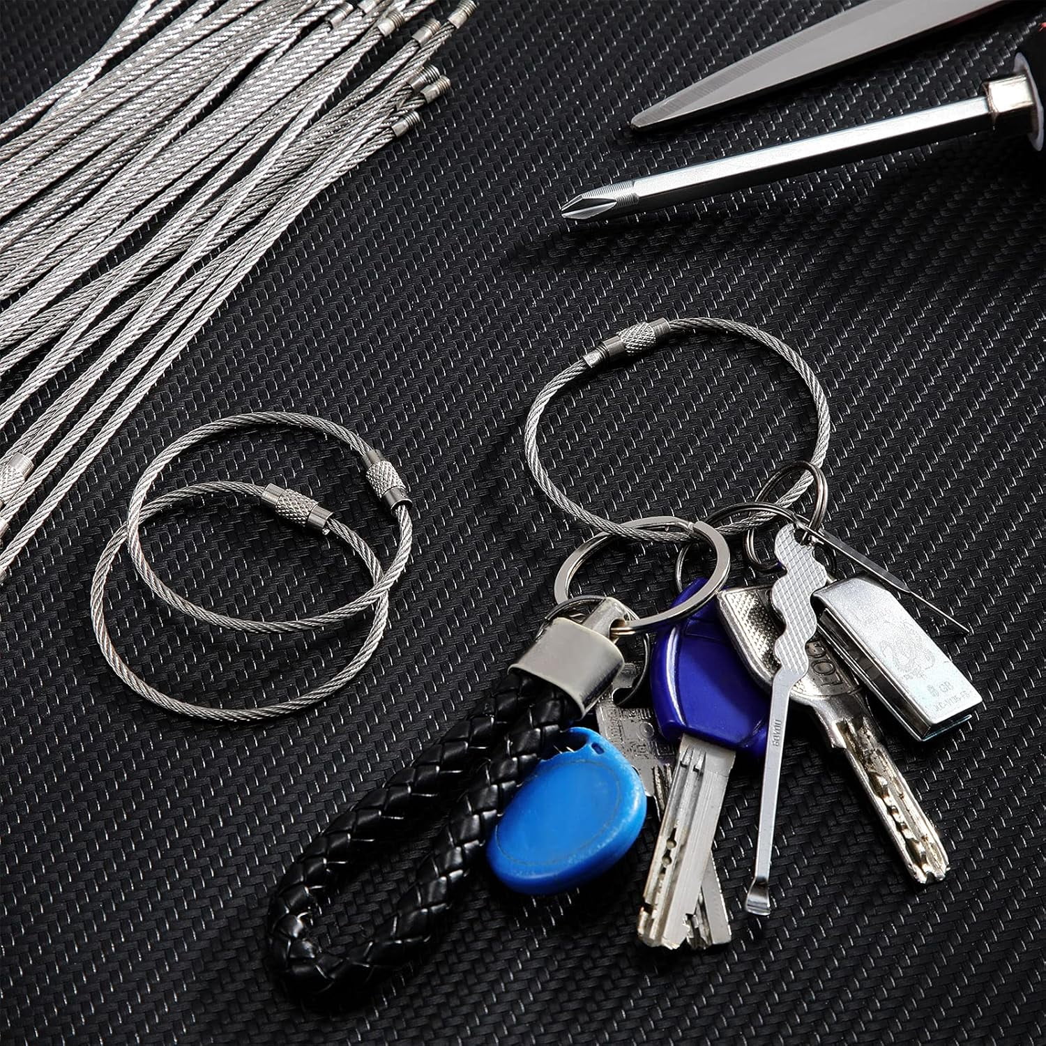 ABCISI 120 Pcs Wire Keychain Cable, Metal 2mm Twist Barrel Key Rings Loop Wire Cable Braided, 6 Inch Stainless Steel Key Ring Loop for Outdoor Hiking Connectable Luggage Tag Keeper