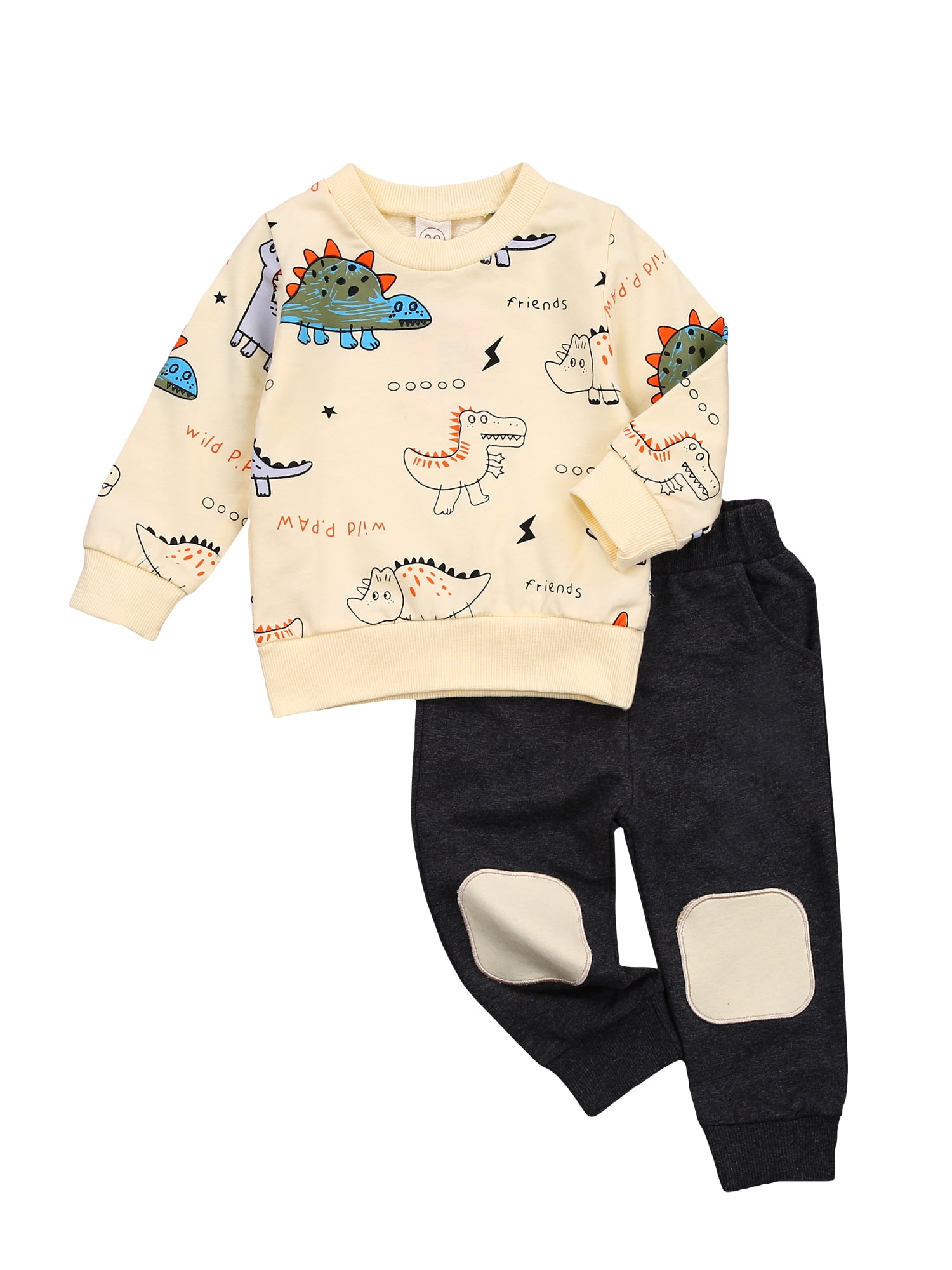 2-piece Kid Boy Animal Dinosaur Print Long-sleeve White Tee and Elasticized Pants Set