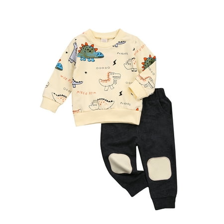 

Peyakidsaa Toddler Baby Boy Clothes Long Sleeve Dinosaur Pullover Top Pants 2Pcs Outfits