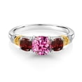 thumbnail image 2 of Gem Stone King 925 Silver and 10K Yellow Gold Pink Moissanite and Red Garnet and Diamond 3-Stone Ring for Women (1.88 Cttw, Gemstone Birthstone, Cushion 6MM and 4MM, Size 9), 2 of 3