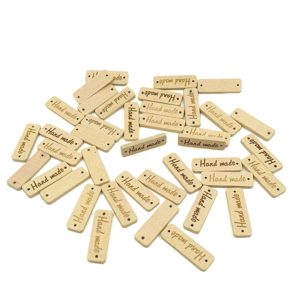 100pcs Wood color Wooden 'Hand made' Lettering 2-hole sewing Scrapbooking 30mm 
