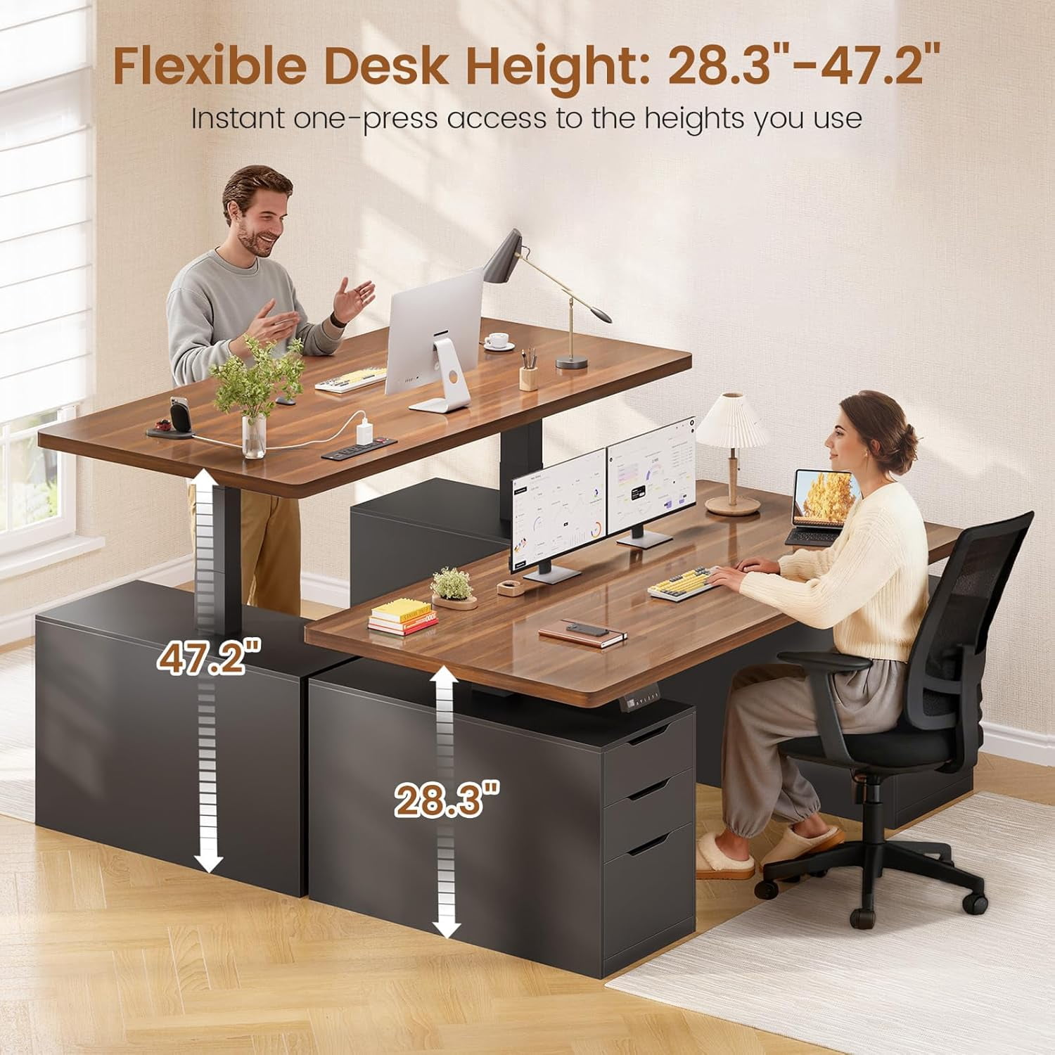 SEDETA 55" Electric Standing Desk with 6 Drawers, Adjustable Height Computer Desk with Power Outlets, Wood Corner stand Up Desk for Home Office, Large PC Workstation, Black & Brown Top