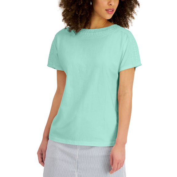 Karen Scott Womens Crochet Trim Top Aqua Ice L