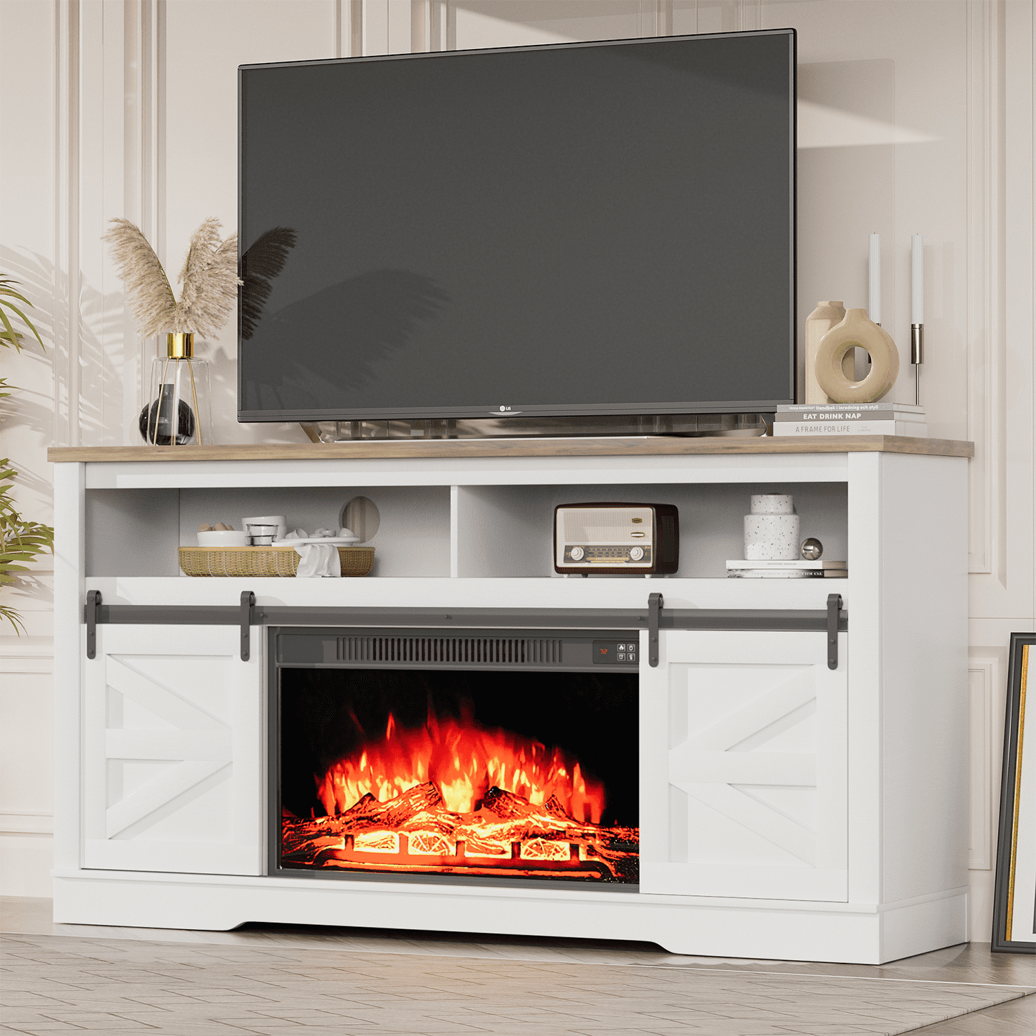 Homall Modern Farmhouse TV Stand with Electric Fireplace Media Storage Sliding Doors Gray Walmart