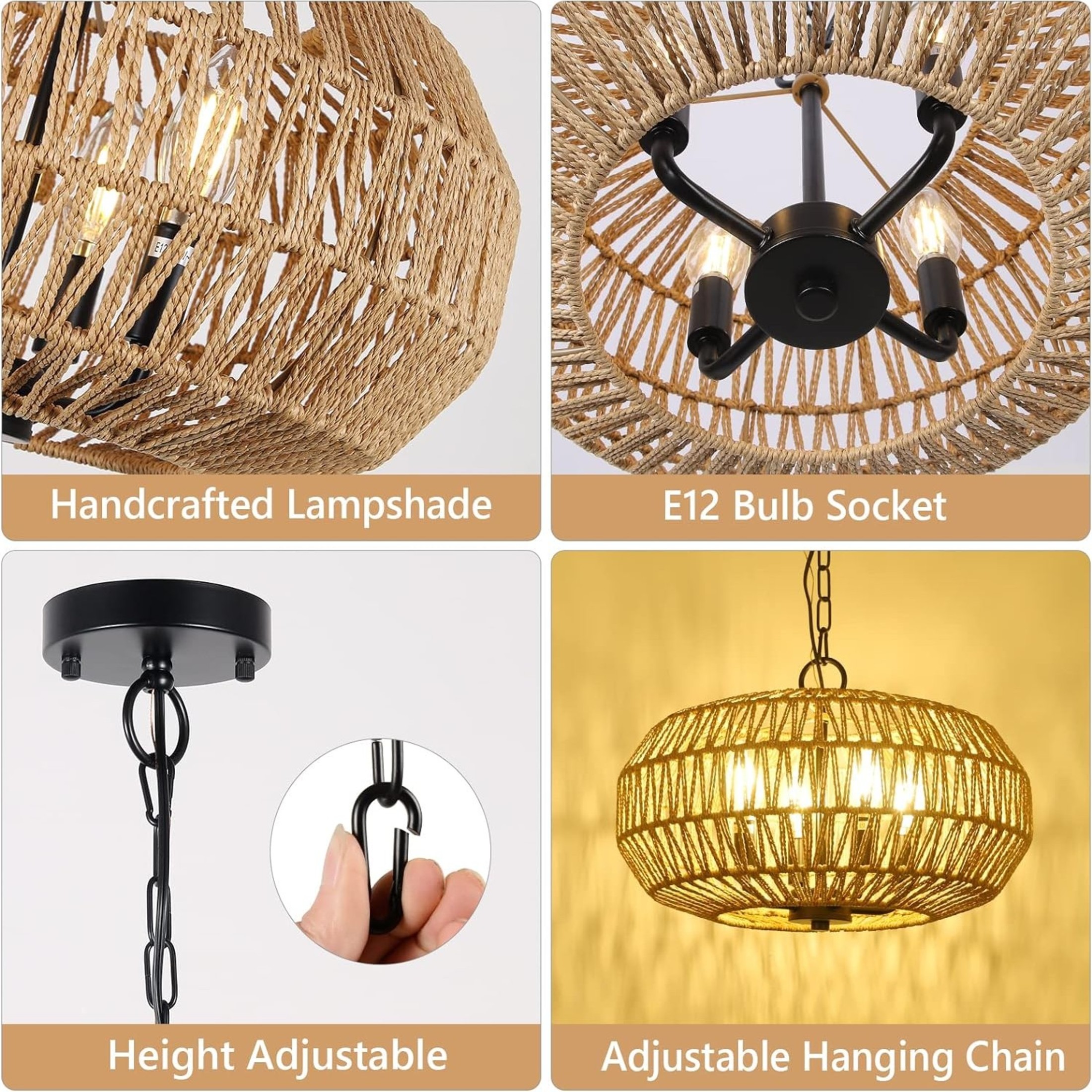 Noble House 15.7" Farmhouse Rattan Pendant Light, 4-Light Wicker Basket Chandelier for Dining Room & Foyer, Natural